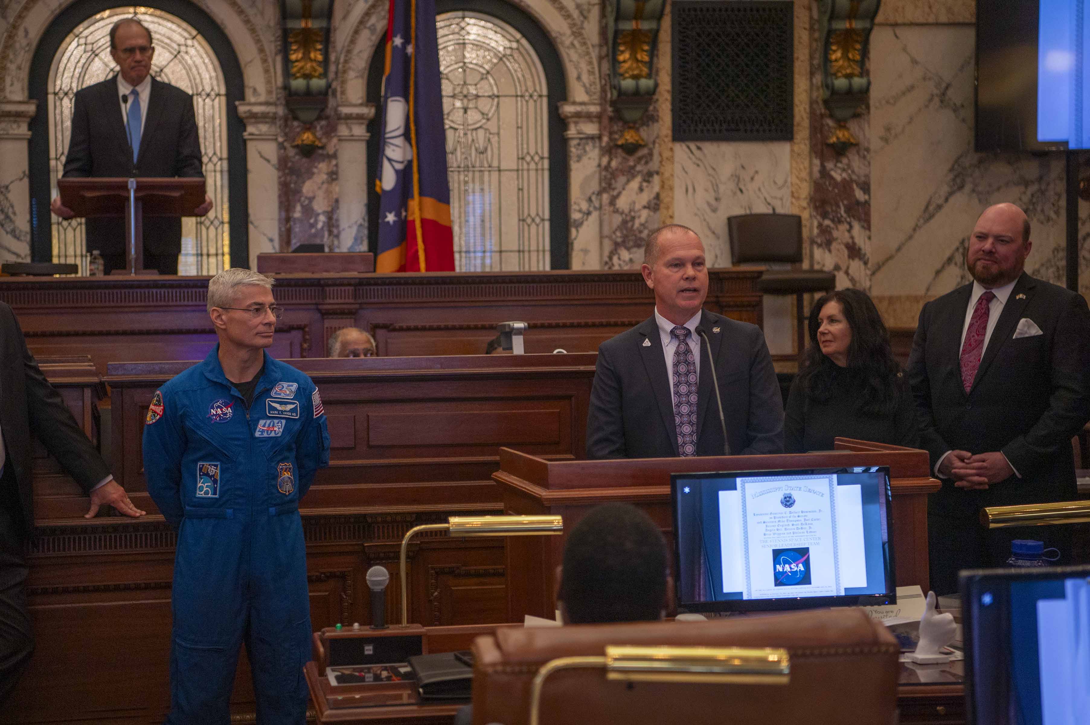 NASA Stennis Acting Center Director John Bailey addresses members of the Mississippi Senate during Stennis Day at the Capitol