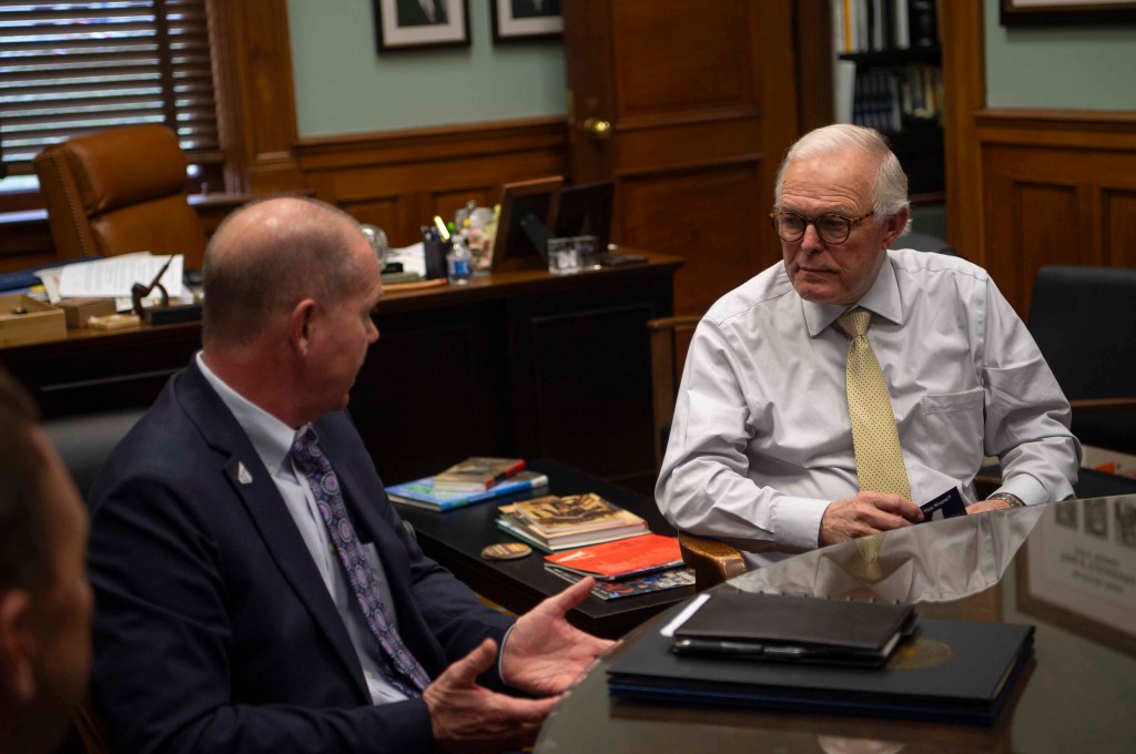 NASA Stennis Acting Center Director John Bailey talks with Mississippi Speaker Pro Tempore Manly Barton