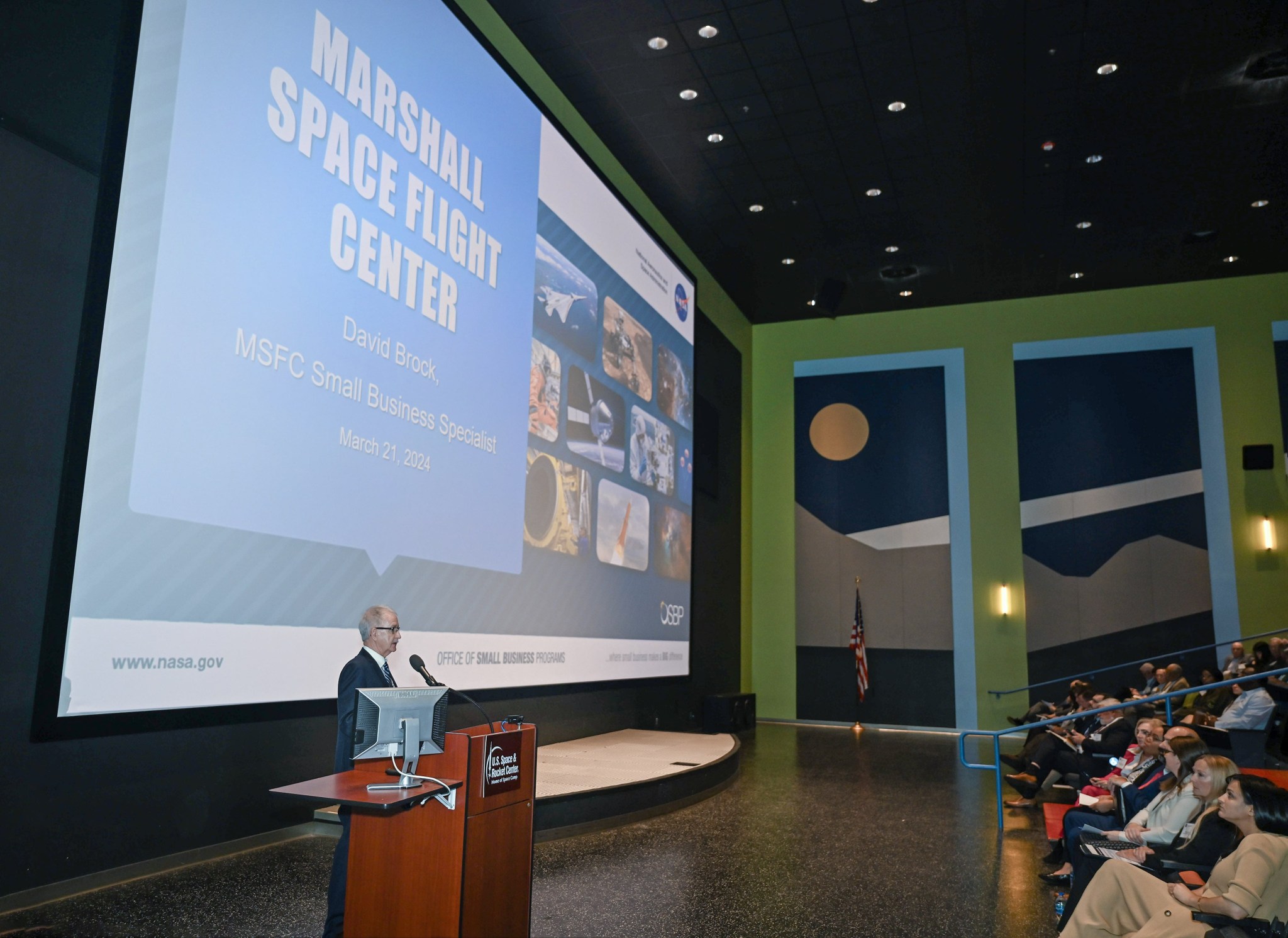 David Brock, small business specialist at NASA’s Marshall Space Flight Center, talks to attendees at the 37th Small Business Alliance meeting March 21.