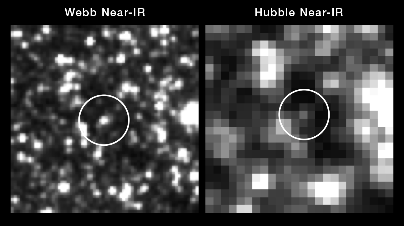 At the center of these side-by-side images is a special class of star used as a milepost marker for measuring the universe’s rate of expansion – a Cepheid variable star. The two images are very pixelated because they are a very zoomed-in view of a distant galaxy. Each of the pixels represents one or more stars. The image from the James Webb Space Telescope is significantly sharper at near-infrared wavelengths than Hubble, which is primarily a visible-ultraviolet light telescope. By reducing the clutter with Webb’s crisper vision, the Cepheid stands out more clearly, eliminating any potential confusion.
