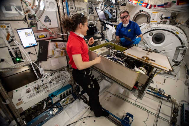 iss060e053832 -- Expedition 60 flight engineers Christina Koch and Nick Hague of NASA work together on the Main Bus Switching Unit aboard the space station to replace a failed circuit card before performing a test to ensure its functionality.