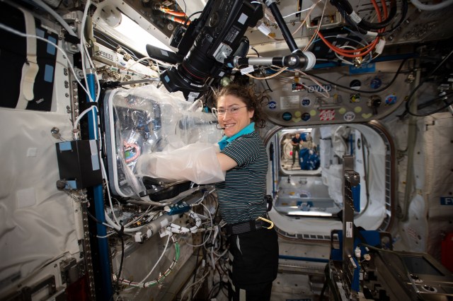 Expedition 60 Flight Engineer Christina Koch of NASA works with the BioFabrication Facility that will soon be tested for its ability to print organ-like tissues and begin proving viability for human organ fabrication in space.