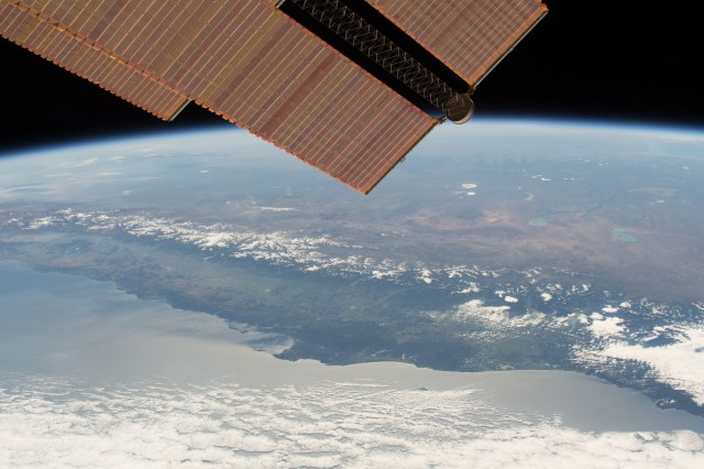 The Pacific coast of Chile, the snow-capped Andes mountains and the arid Patagonian plateaus of Argentina are pictured as the International Space Station orbited near the bottom-most portion of the South American continent.