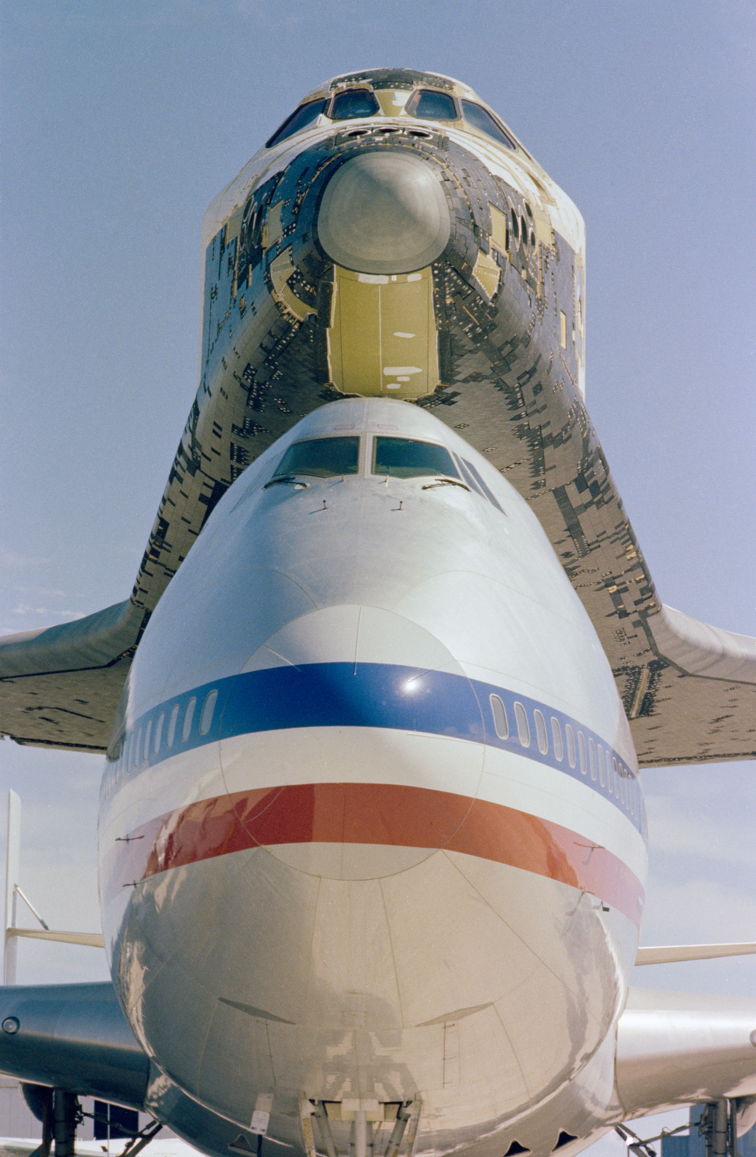 Head on view of Space Shuttle Columbia atop the SCA