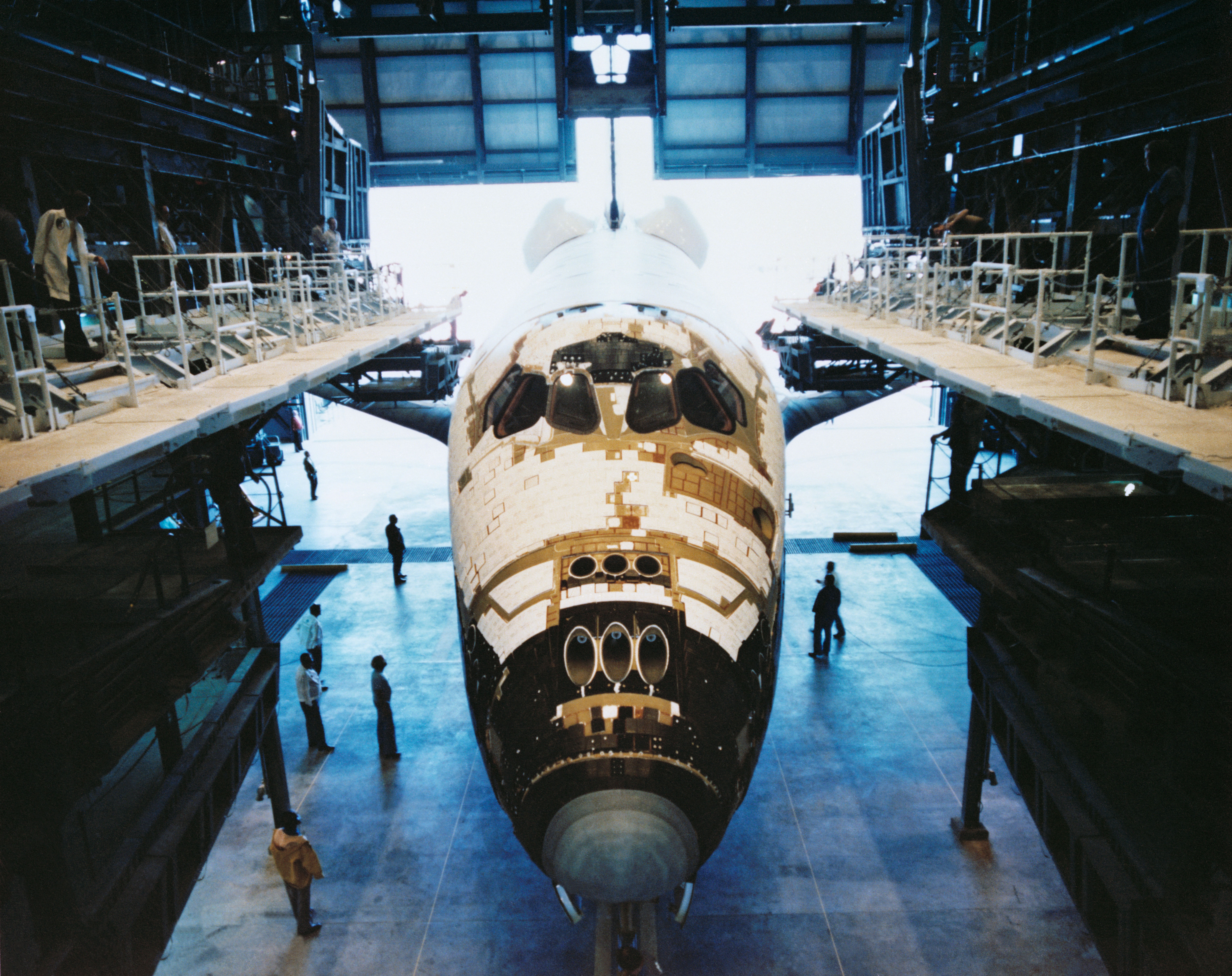 Columbia in the Orbiter Processing Facility at NASA’s Kennedy Space Center (KSC) in Florida