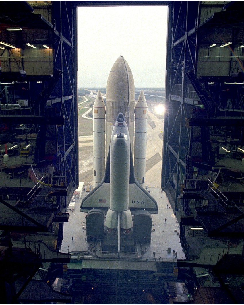 Space Shuttle Columbia rolls out of the VAB on its way to Launch Pad 39A
