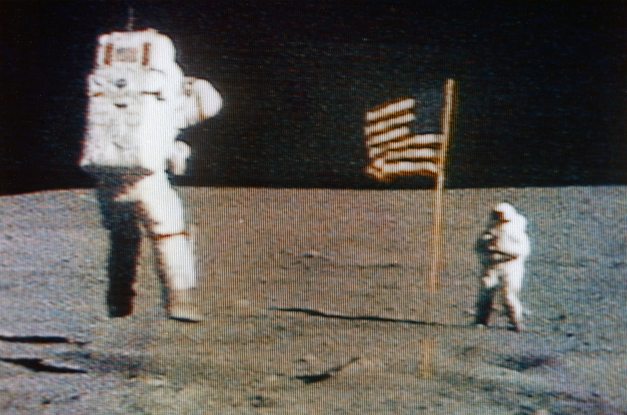Apollo 16 astronauts John W. Young, left, and Charles M. Duke on the Moon in April 1972