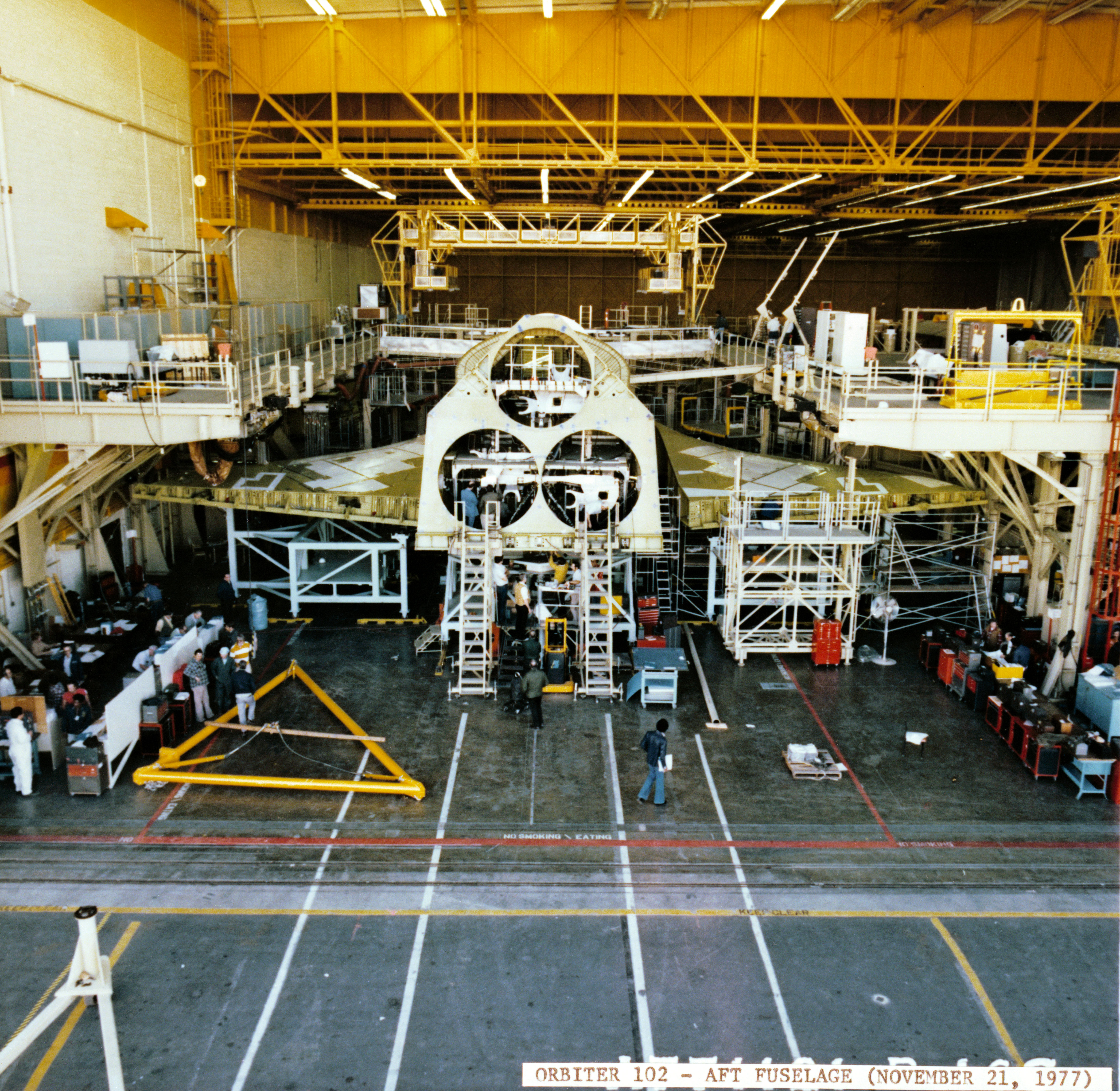 Columbia’s aft fuselage and wings during assembly in November 1977