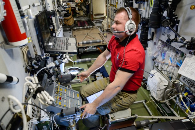 iss060e019910 (July 29, 2019) --- Cosmonaut Alexey Ovchinin of Expedition 60 trains on the tele-robotically operated rendezvous unit (TORU) two days before the arrival of the Progress 73 (73P) cargo ship. The 73P docked July 31 to the International Space Station's Zvezda service module just three hours and 19 minutes after launching from the Baikonur Cosmodrome in Kazakhstan. The TORU can be used to take over manual docking operations of an approaching Russian spaceship in the unlikely event of an emergency.