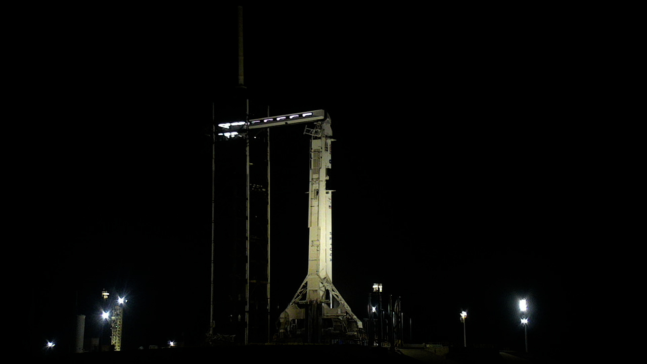 A SpaceX Falcon 9 rocket with the company’s Dragon spacecraft on top is seen on the launch pad at Launch Complex 39A at Kennedy Space Center.