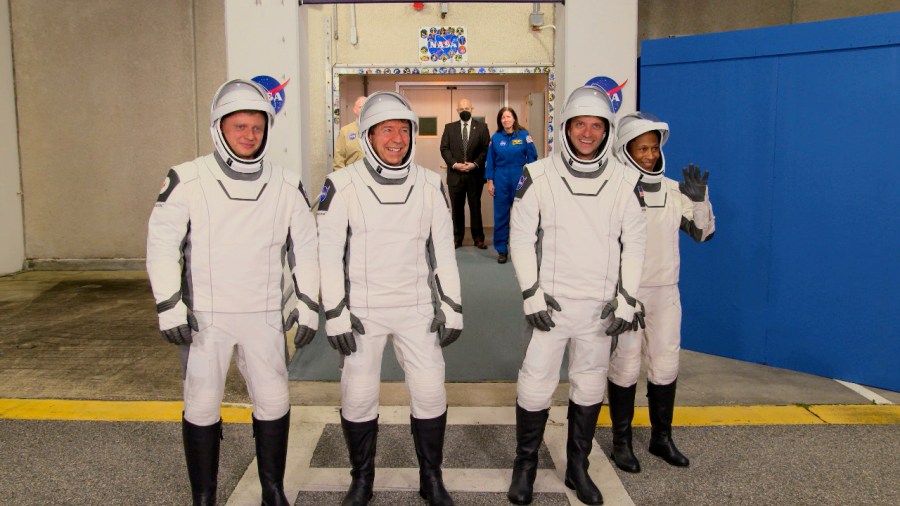 Members of NASA’s SpaceX Crew-8 from right to left, NASA astronauts Jeanette Epps, mission specialist; Matthew Dominick, commander; Michael Barratt, pilot; and Roscosmos cosmonaut Alexander Grebenkin, mission specialist.