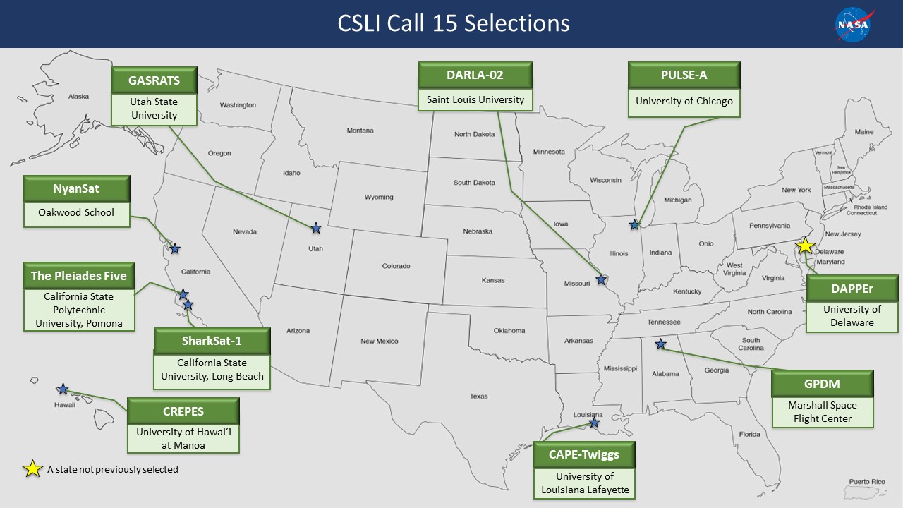 map of schools and CubeSats chosen during CSLI 15th selection round