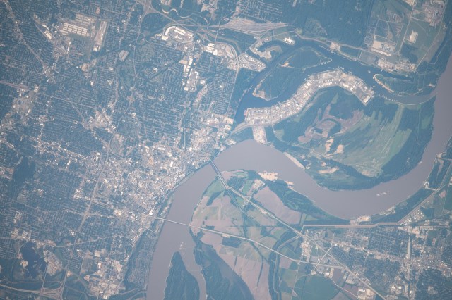 iss060e055395 (Sept. 6, 2019) --- Downtown Memphis on the Mississippi River, which separates the states of Tennessee and Arkansas, is pictured from the International Space Station as it orbited 261 miles above the United States.