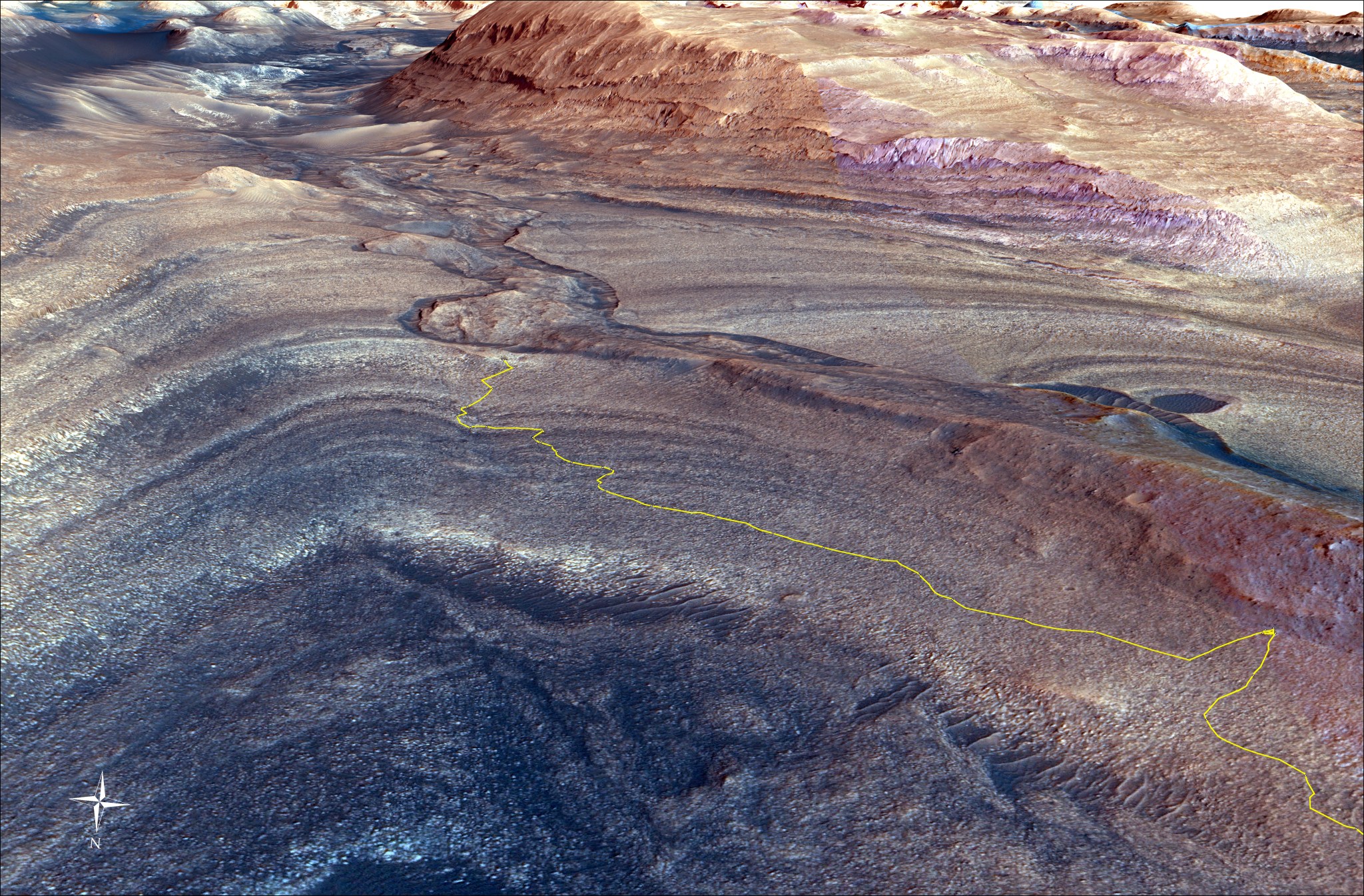 This rendering shows the area where NASA's Curiosity Mars rover climbed a steep slope to reach a location called Gediz Vallis channel