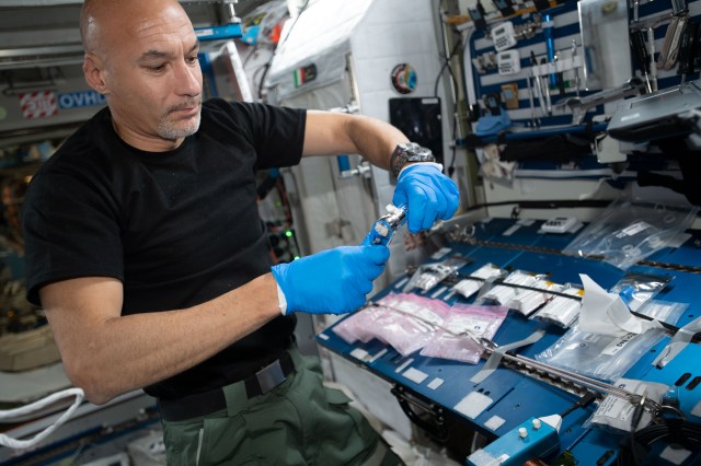 iss060e023992 (Aug. 7, 2019) --- European Space Agency astronaut Luca Parmitano is researching possible causes for neurodegenerative conditions such as Alzheimer’s disease. Parmitano was performing operations for the Amyloid Aggregation investigation examining protein samples for amyloid formation that differ from samples observed on Earth. Results may inform preventative therapies for Earthlings and astronauts on long-term missions.