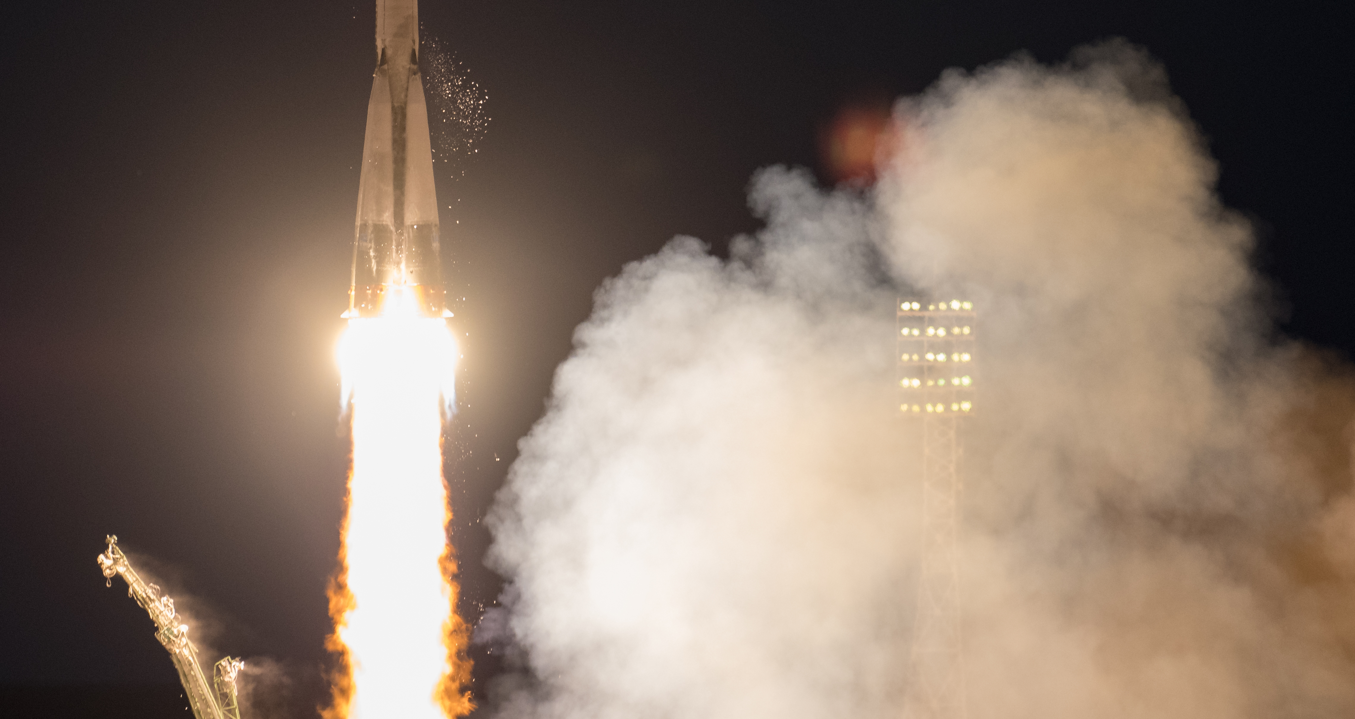 The Soyuz MS-05 rocket is launched with Expedition 52 flight engineer Sergei Ryazanskiy of Roscosmos, flight engineer Randy Bresnik of NASA, and flight engineer Paolo Nespoli of ESA (European Space Agency), Friday, July 28, 2017 at the Baikonur Cosmodrome in Kazakhstan. Ryazanskiy, Bresnik, and Nespoli will spend the next four and a half months living and working aboard the International Space Station.