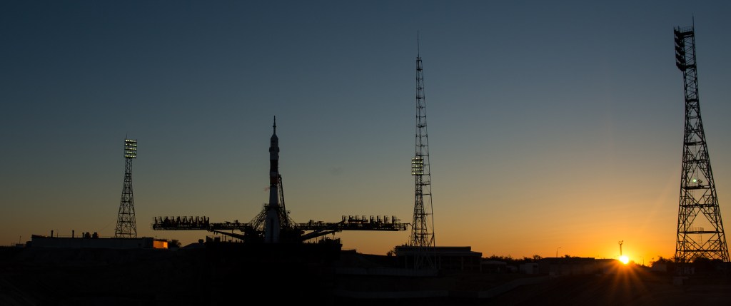 The Soyuz MS-05 spacecraft is seen after the service structure arms were lowered prior to launch, Friday, July 28, 2017 at the Baikonur Cosmodrome in Kazakhstan. Expedition 52 flight engineer Sergei Ryazanskiy of Roscosmos, flight engineer Randy Bresnik of NASA, and flight engineer Paolo Nespoli of ESA (European Space Agency) will spend the next four and a half months living and working aboard the International Space Station.