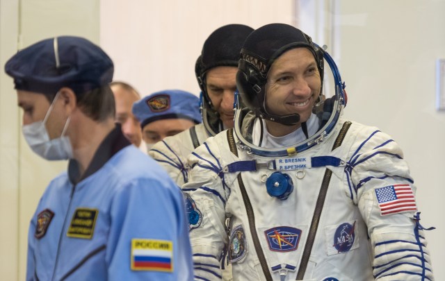 Expedition 52 flight engineer Randy Bresnik of NASA is seen before having his Russian Sokol Suit pressure checked in preparation for launch aboard the Soyuz MS-05 spacecraft, Friday, July 28, 2017 in Baikonur, Kazakhstan. Expedition 52 flight engineer Sergei Ryazanskiy of Roscosmos, flight engineer Randy Bresnik of NASA, and flight engineer Paolo Nespoli of ESA (European Space Agency), launched at 11:41 a.m. EDT on July 28 (9:41 p.m. Baikonur time) to begin a four and a half month mission aboard the International Space Station.