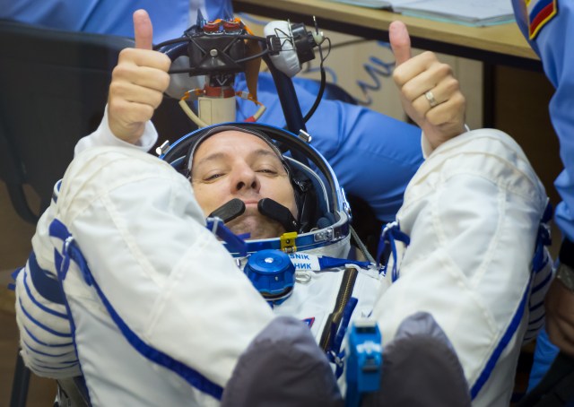 Expedition 52 flight engineer Randy Bresnik of NASA prepares to have his Russian Sokol Suit pressure checked in preparation for launch aboard the Soyuz MS-05 spacecraft, Friday, July 28, 2017 in Baikonur, Kazakhstan. Bresnik, flight engineer Sergei Ryazanskiy of Roscosmos, and flight engineer Paolo Nespoli of ESA (European Space Agency), launched at 11:41 a.m. EDT on July 28 (9:41 p.m. Baikonur time) to begin a four and a half month mission aboard the International Space Station,