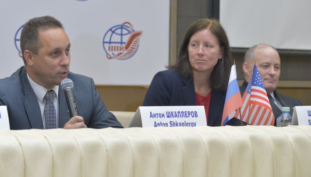 At the Gagarin Cosmonaut Training Center in Star City, Russia, Expedition 53-54 backup crewmember Anton Shkaplerov of Roscosmos (left) answers a reporter’s question during a news conference Sept. 1 while backup crewmates Shannon Walker (center) and Scott Tingle (right of NASA look on. They are serving as backups to the prime crew, Mark Vande Hei and Joe Acaba of NASA and Alexander Misurkin of Roscosmos, who will launch Sept. 13 on the Soyuz MS-06 spacecraft from the Baikonur Cosmodrome in Kazakhstan on a five and a half month mission aboard the International Space Station.
