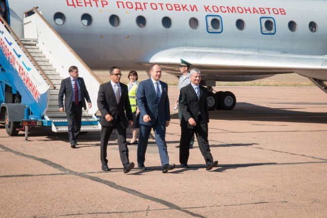 Expedition 53-54 crewmembers Joe Acaba of NASA (left), Alexander Misurkin of Roscosmos (center) and Mark Vande Hei of NASA (right) arrive at their launch site at the Baikonur Cosmodrome in Kazakhstan Sept. 6 after a flight from their training base in Star City, Russia for final pre-launch training. They will launch Sept. 13 on the Soyuz MS-06 spacecraft from the Baikonur Cosmodrome for a five and a half month mission on the International Space Station.