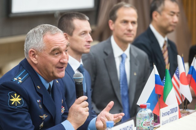 jsc2019e036807 (June 28, 2019) --- At the Gagarin Cosmonaut Training Center in Star City, Russia, Expedition 60 crewmember Alexander Skvortsov of Roscosmos (left) answers a reporter’s question June 28 during a news conference. Looking on are the backup crewmembers, Sergey Ryzhikov of Roscosmos (second from left), Tom Marshburn of NASA (second from right) and Soichi Noguchi of the Japan Aerospace Exploration Agency (right). Skvortsov, Drew Morgan of NASA and Luca Parmitano of the European Space Agency will launch July 20 on the Soyuz MS-13 spacecraft from the Baikonur Cosmodrome in Kazakhstan for a mission on the International Space Station. Credit: Andrey Shelepin/GCTC