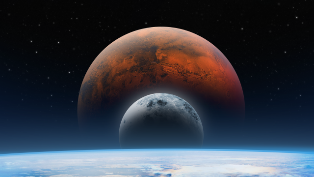 Graphic for the cover of NASA's Fiscal Year 2025 budget request, showing an artist's view of the Earth's horizon and atmosphere from space, the Moon, Mars and a field of stars.