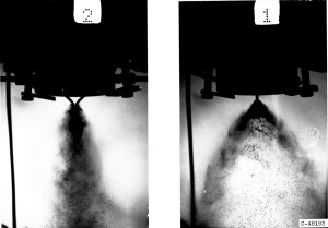 Side by side views of rocket exhaust.