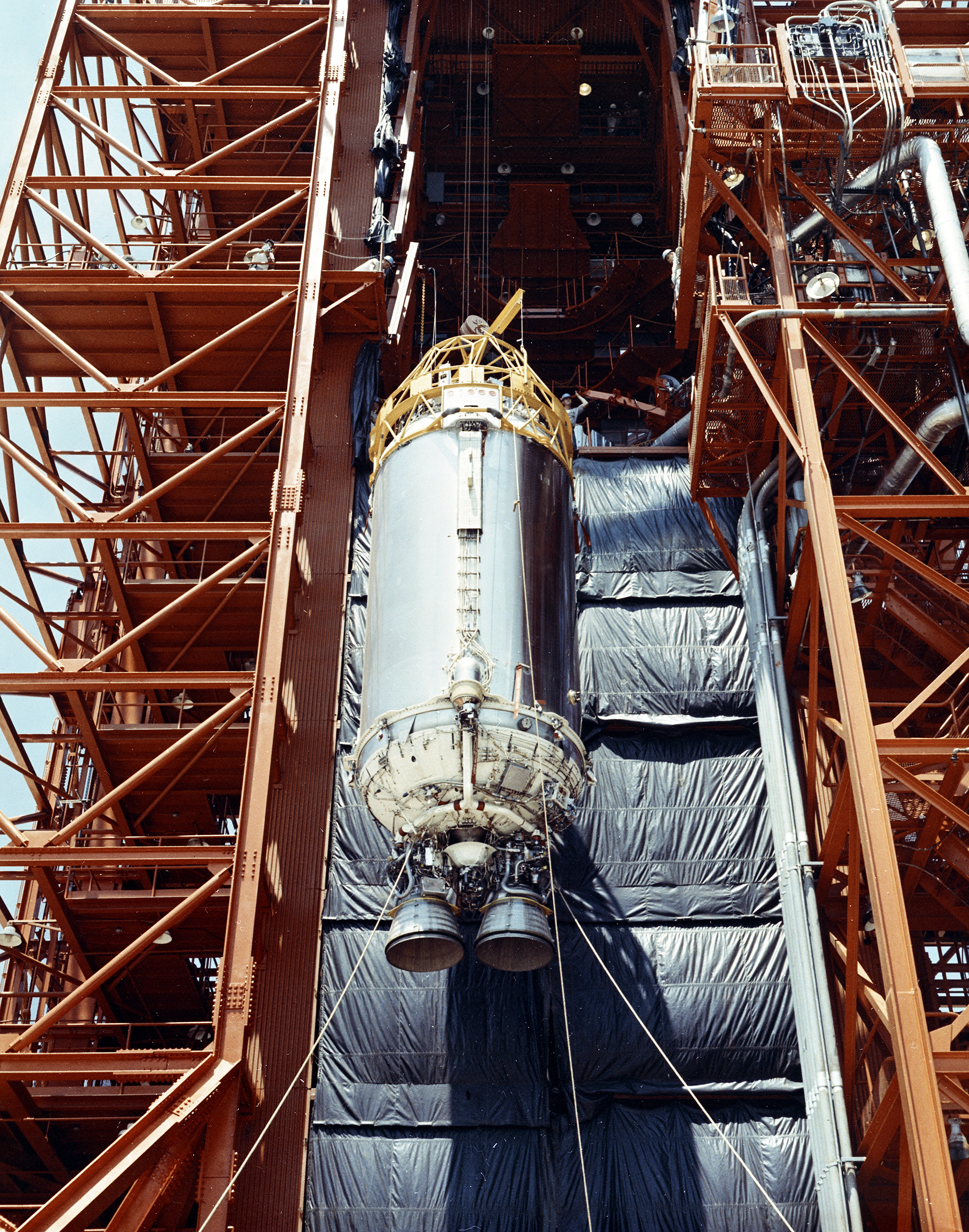 Rocket stage lifted into gantry.