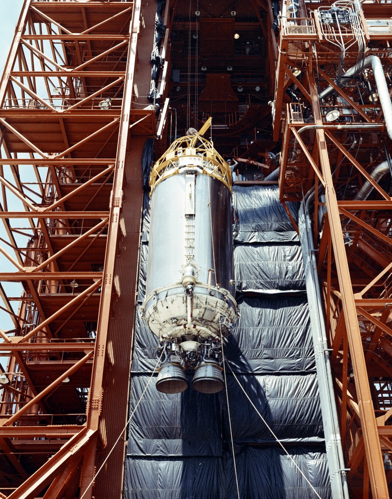 Rocket stage lifted into gantry.