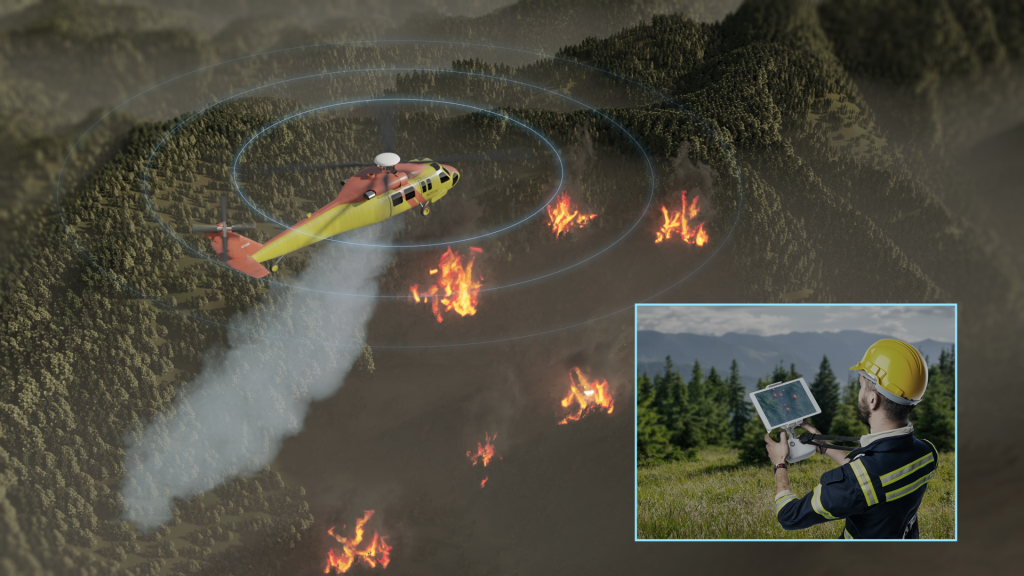 Conceptual image of a remotely-piloted heavy lift helicopter dropping suppressant over a live wildfire.