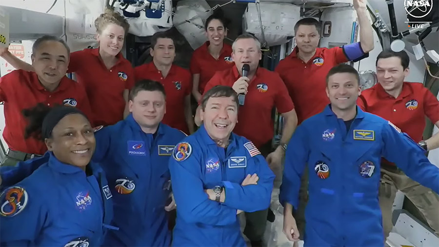 The four Crew-8 members, front row, join the Expedition 70 crew for welcome remarks shortly after docking and entering the space station March 5.