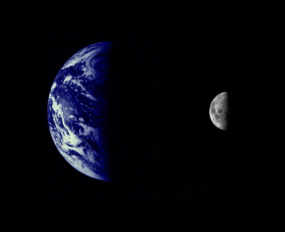 A composite of two separate images of the Earth and Moon, taken by Mariner 10 in 1973 as it headed toward encounters with Venus and Mercury