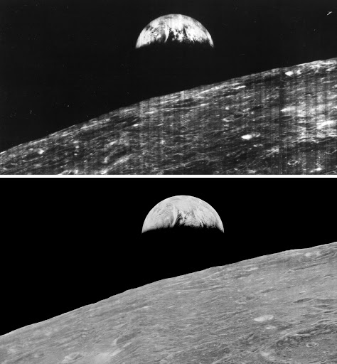 The original photo, top, of Earth taken from lunar orbit by the Lunar Orbiter 1 spacecraft in 1966, and a 2008 digitized version by the Lunar Orbiter Image Recovery Project (LOIRP)