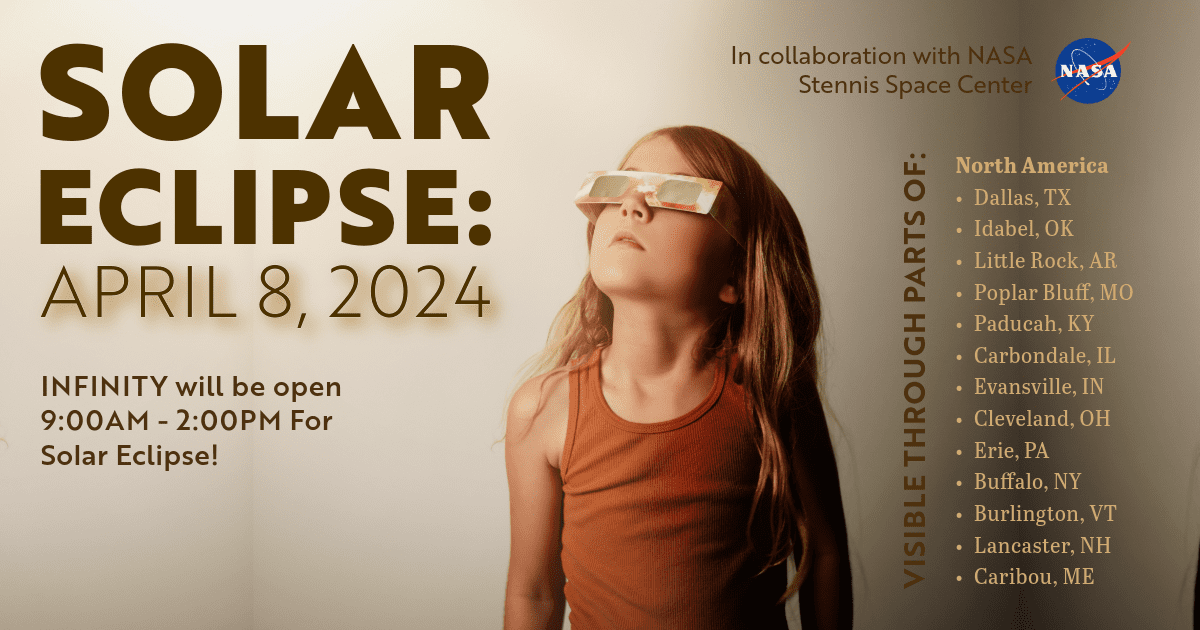 Solar Eclipse graphic with young girl wearing eclipse glasses.