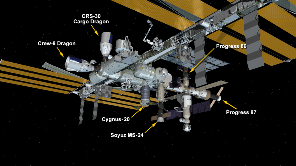 March 17, 2024: International Space Station Configuration. Six spaceships are parked at the space station including the SpaceX Dragon cargo craft and the crew spacecraft Endeavour, Northrop Grumman's Cygnus space freighter, the Soyuz MS-24 crew ship, and the Progress 86 and 87 resupply ships.