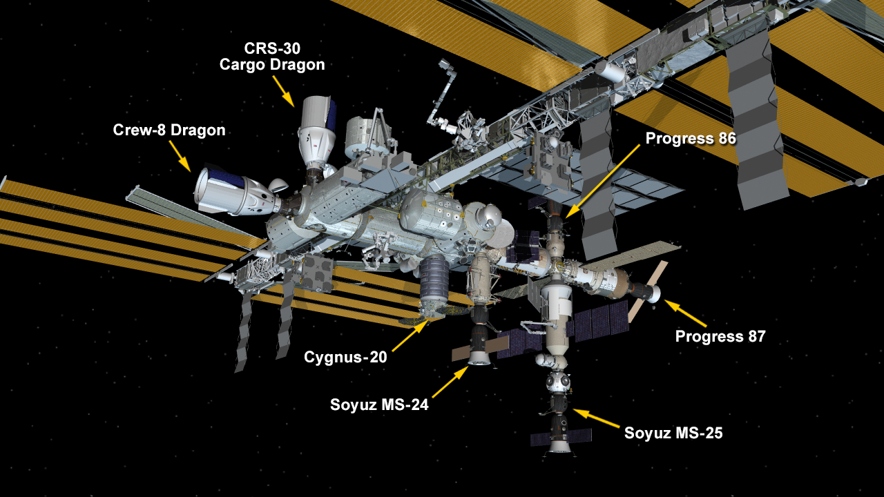 March 21, 2024: International Space Station Configuration. Seven spaceships are parked at the space station including the SpaceX Dragon cargo craft and crew spacecraft Endeavour, Northrop Grumman's Cygnus space freighter, the Soyuz MS-24 and MS-25 crew ships, and the Progress 86 and 87 resupply ships.
