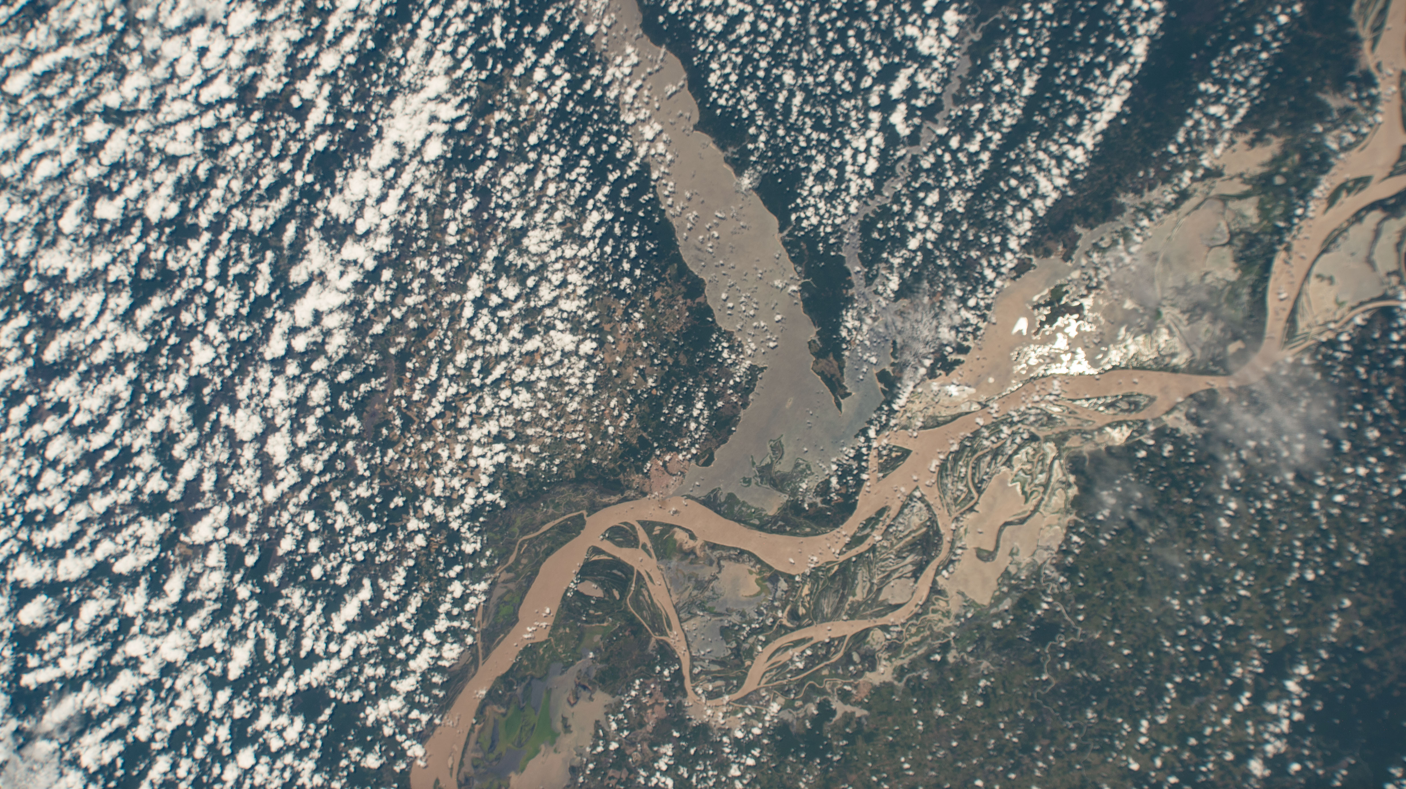 The Amazon River and its tributaries flow through Brazil in this photograph from the International Space Station as it orbited 259 miles above the South American nation.