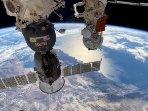 At left, the Soyuz MS-24 crew ship is docked to the Rassvet module and at right, the Prichal docking module is attached to the Nauka module. Also pictured attached to Nauka in this photograph from Expedition 70 Flight Engineer Konstantin Borisov, are a science airlock and the European robotic arm as the International Space Station soared 261 miles above the southwestern United States.
