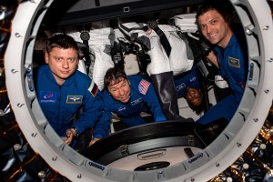 The four SpaceX Crew-8 members are pictured inside the SpaceX Dragon "Endeavour" spacecraft shortly after the hatch opened on the forward port of the International Space Station's Harmony module. From left are, Roscosmos cosmonaut Alexander Grebenkin and NASA astronauts Mike Barratt, Jeanette Epps, and Matthew Dominick.