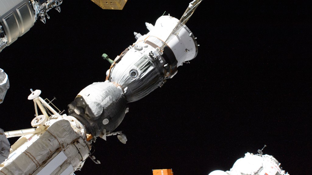 The Soyuz MS-24 crew ship that carried NASA astronaut Loral O'Hara and Roscosmos cosmonauts Oleg Kononenko and Nikolai Chub to the International Space Station is pictured docked to the Rassvet module.