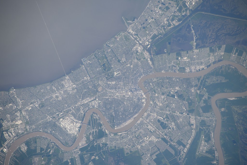 New Orleans, Louisiana, situated in between the Mississippi River and Lake Pontchartrain, is pictured from the International Space Station as it orbited 260 miles above.
