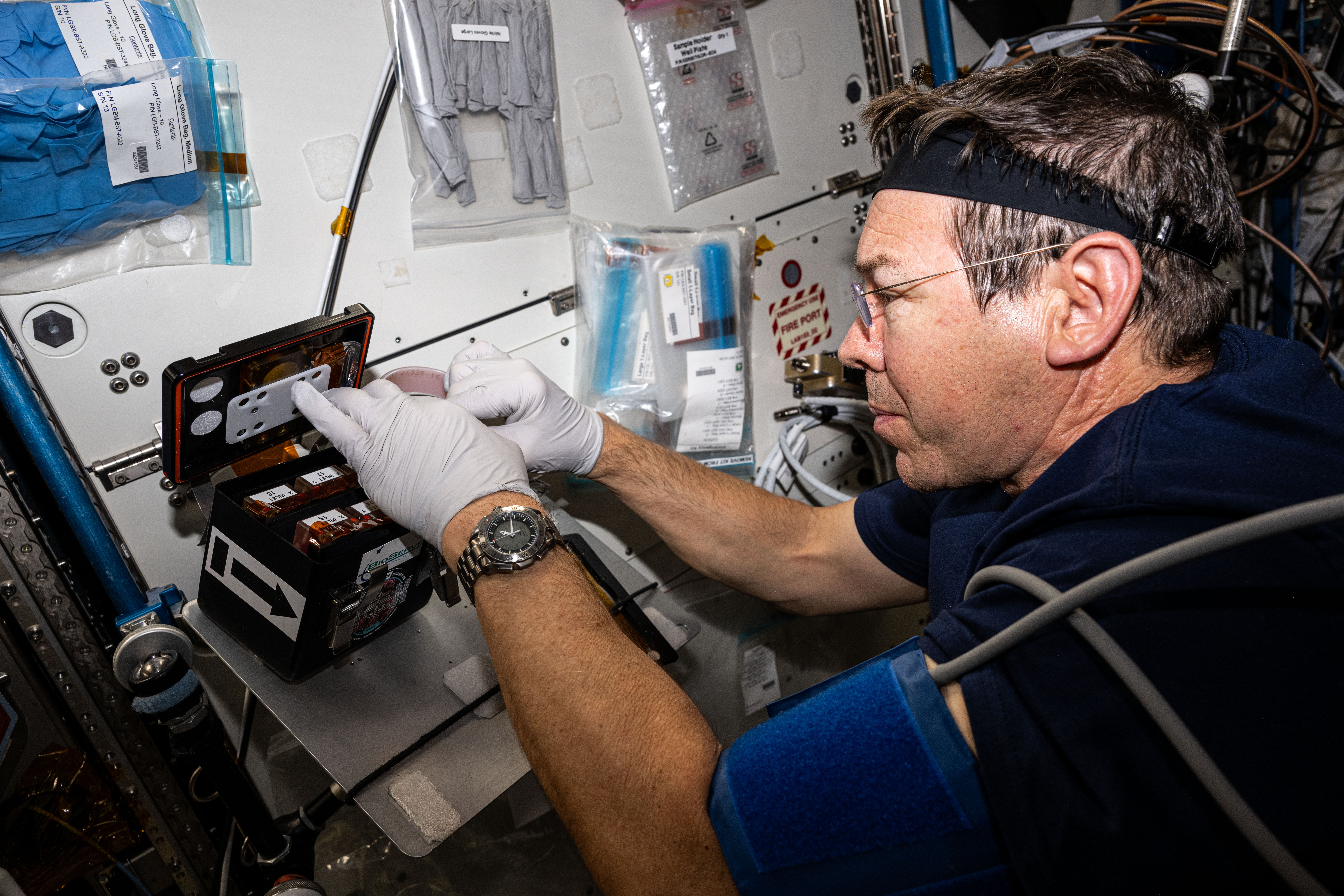 Expedition 70 Flight Engineer and NASA astronaut Mike Barratt processes brain organoid samples inside the BioServe Tissue Chamber. The research work was being done to learn how microgravity affects the central nervous system and develop therapies to counteract neurodegenerative diseases both in space and on Earth.