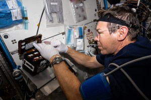 Expedition 70 Flight Engineer and NASA astronaut Mike Barratt processes brain organoid samples inside the BioServe Tissue Chamber. The research work was being done to learn how microgravity affects the central nervous system and develop therapies to counteract neurodegenerative diseases both in space and on Earth.