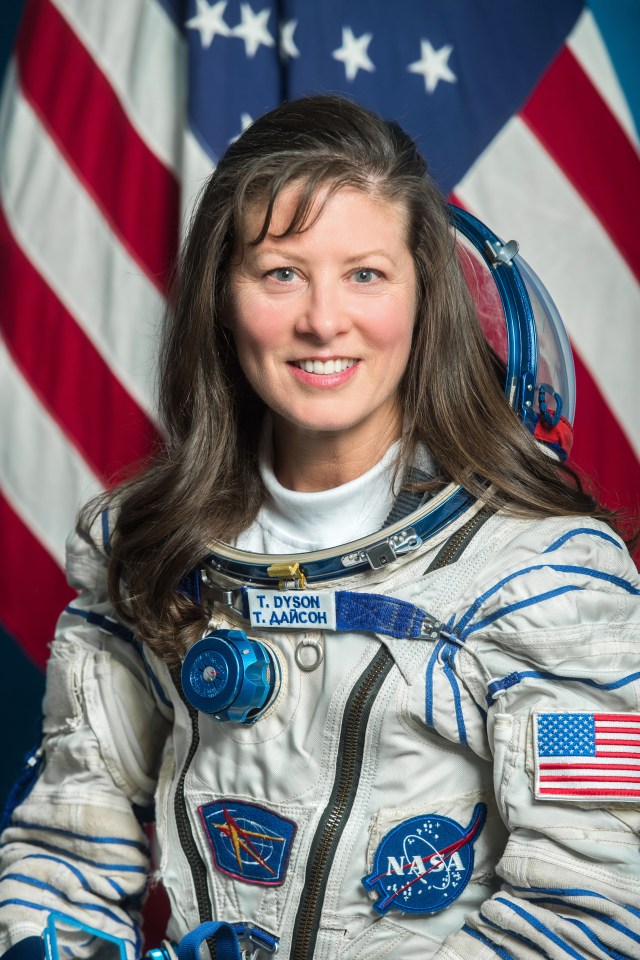 NASA astronaut Tracy C. Dyson poses for a portrait in her Sokol launch and entry suit at the Gagarin Cosmonaut Training Center in Star City, Russia.
