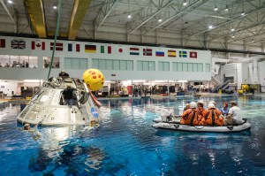The Artemis II crew completes Orion Water Survival demo training inside the NBL at NASA's Johnson Space Center. Credit: NASA/Josh Valcarcel