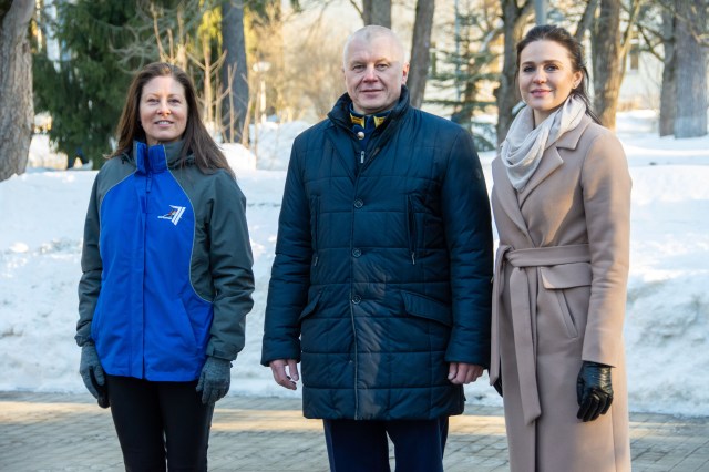 Soyuz MS-25 crew members (from left) NASA astronaut Tracy Dyson, Roscosmos cosmonaut Oleg Novitskiy, and Belarus spaceflight participant Marina Vasilevskaya are pictured before departing the Gagarin Cosmonaut Training Center in Star City, Russia, for the Baikonur Cosmodrome in Kazakhstan. The trio is in final training for its mission launching aboard the Soyuz MS-25 spacecraft to the International Space Station.