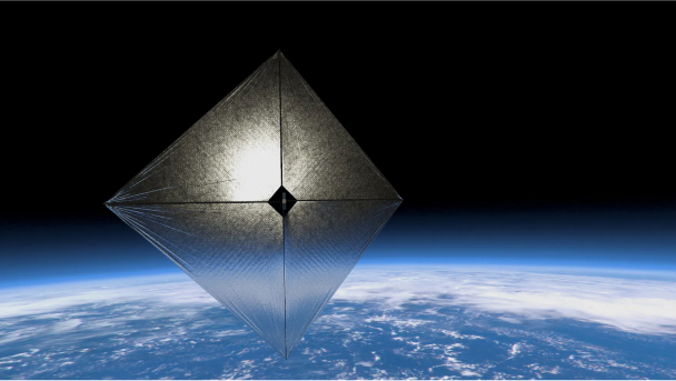 Advanced Composite Solar Sail System's solar sail above earth.