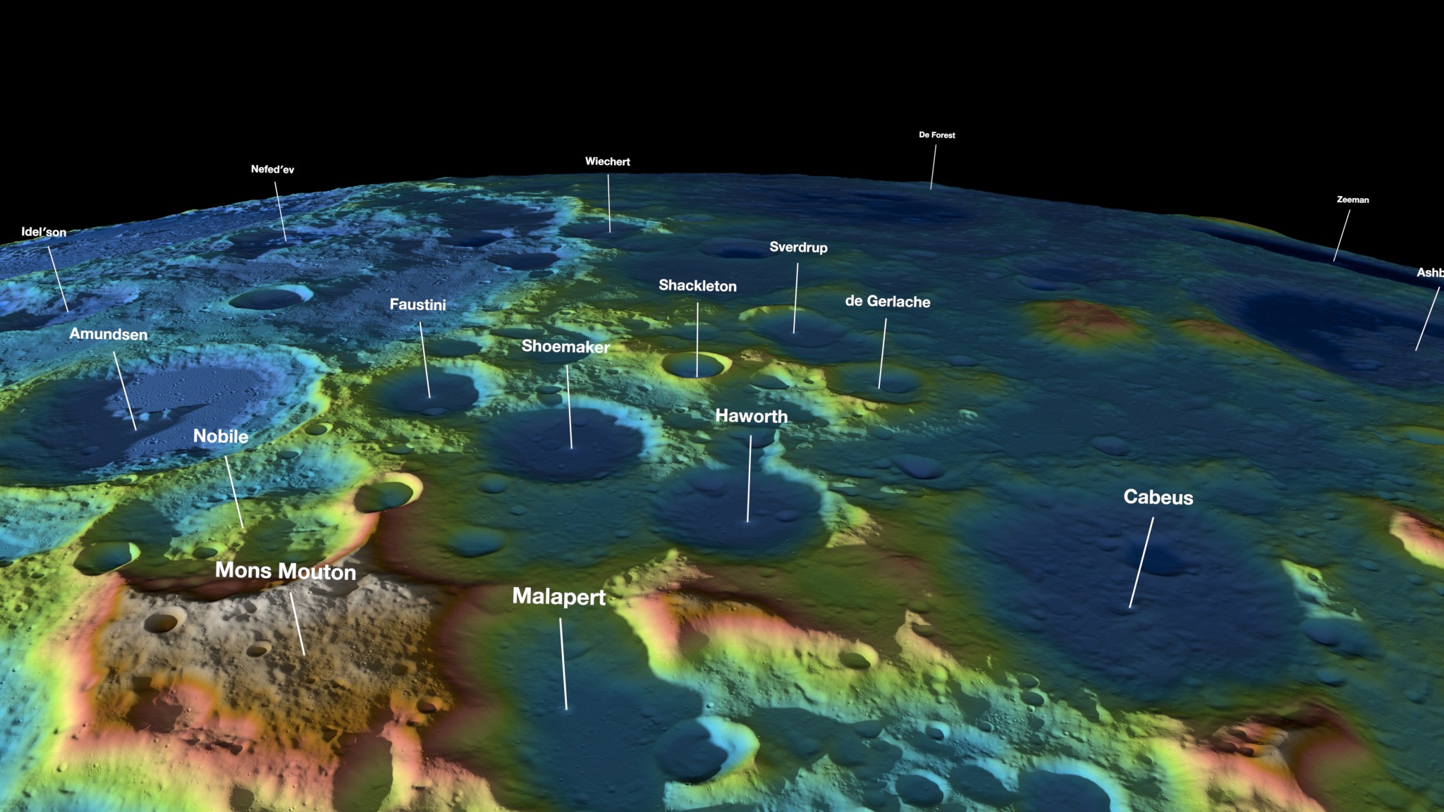 false color map of moon surface with colors showing height of craters, mountains