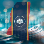illustration is the state of Mississippi's flag inside of state of Mississippi shape in the foreground; the background is layers of coins, bokeh, indices over night skyline